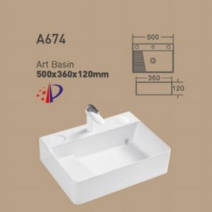 Lavabo de Cerámica de Una Pieza A674, Lavabo de Sobremesa de 500x360x120mm con un Solo Orificio - Product Image 1