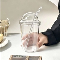 Tasses à lait en verre à double paroi transparentes 500ml/550ml avec paille et couvercle, design moderne, compatibles lave-vaisselle et micro-ondes, pour le bureau et les fêtes