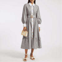 Robe chemise midi élégante pour femme, en coton teint en fil, à rayures, manches longues, ceinturée, avec col contrastant
