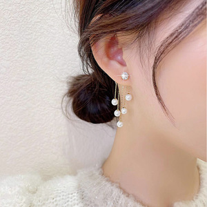 Pháp cổ điển mạ vàng ngọc trai dangle Bông tai cho phụ nữ bên trang sức sáng bóng pha lê Rhinestone Stud dài tua Bông tai 2025 - Product Image 5