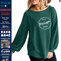 Benutzer definierte leichte weiche Damen lange Ballon ärmel Waffel Strick oberteile T-Shirt Rundhals ausschnitt Übergroßer Pullover Pullover Langarm