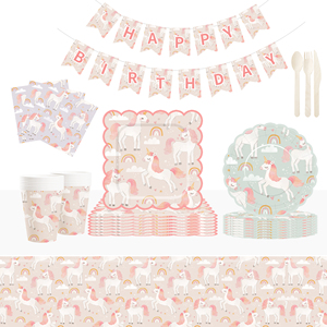Décorations d'anniversaire licorne DAMAI comprenant des assiettes à dîner, des assiettes à dessert, des serviettes, des gobelets, une bannière et une nappe pour kit de fête licorne pour 8 personnes - Product Image 1