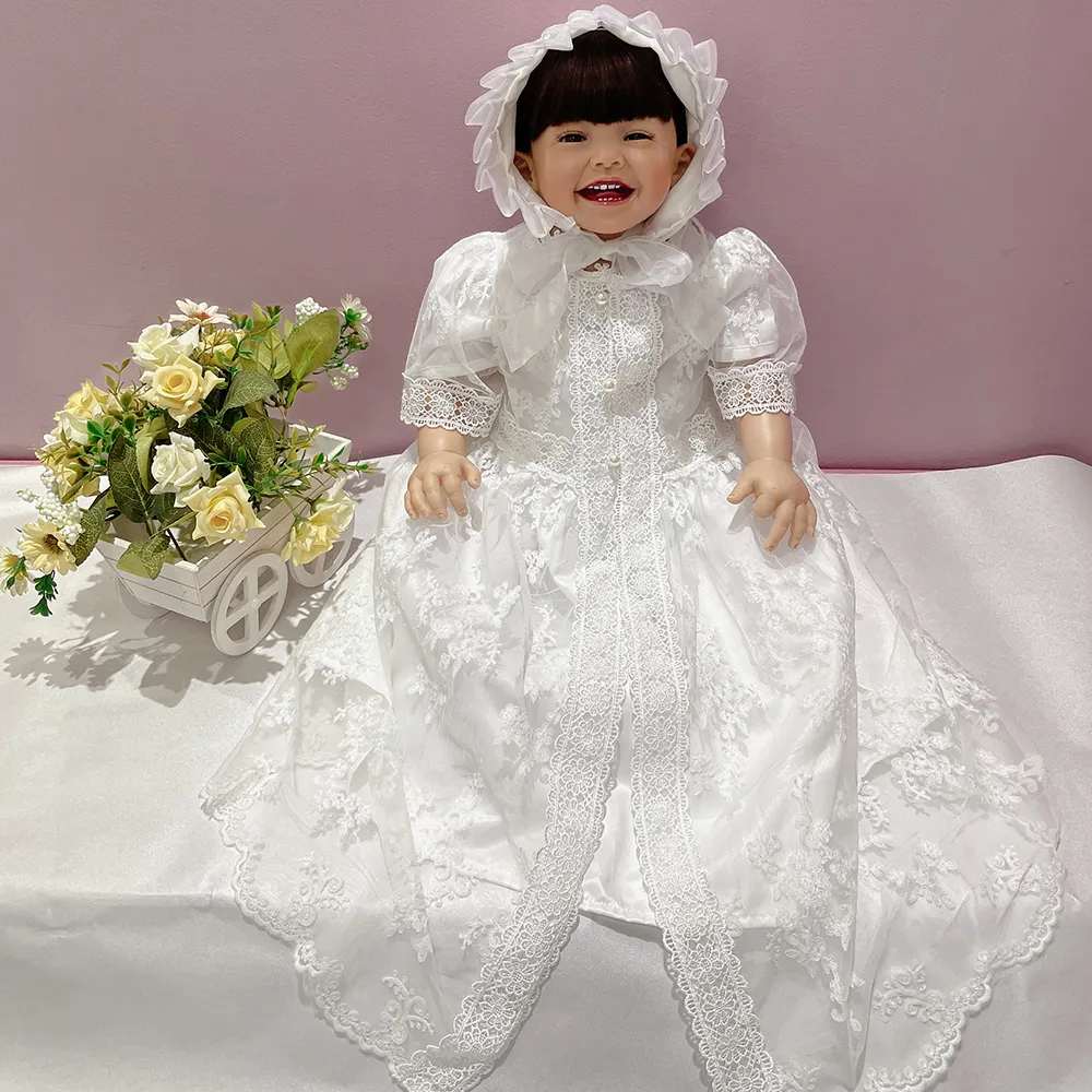 Hot selling Boutique Soft New Born Baby girl lace party dresses white first communion christening gown infant baptism dress