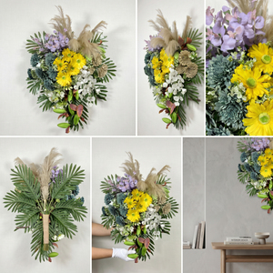 Artificial Mixed Flower Bouquet Decorative Floral Arrangement with Yellow Daisies White Orchids and Green <b>Wreaths</b> and Swags - Product Image 4