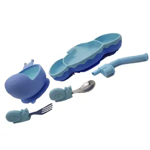 Good Quality Blue Elephant Shape 5 Pieces Set BPA Free Silicone Baby Dishware for Baby