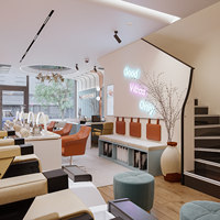 Station de manucure sur mesure haut de gamme tout-en-un, équipement de salon de manucure, éclairage LED moderne, décoration de studio de beauté aux tons lumineux
