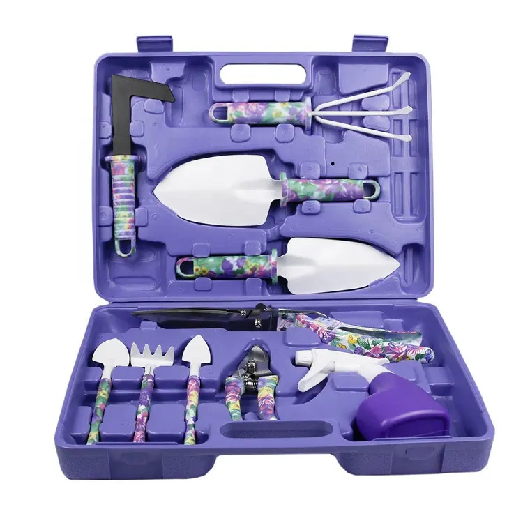 Multifunctional purple floral print 10 Pieces ergonomic handle essential garden tools set with carrying case