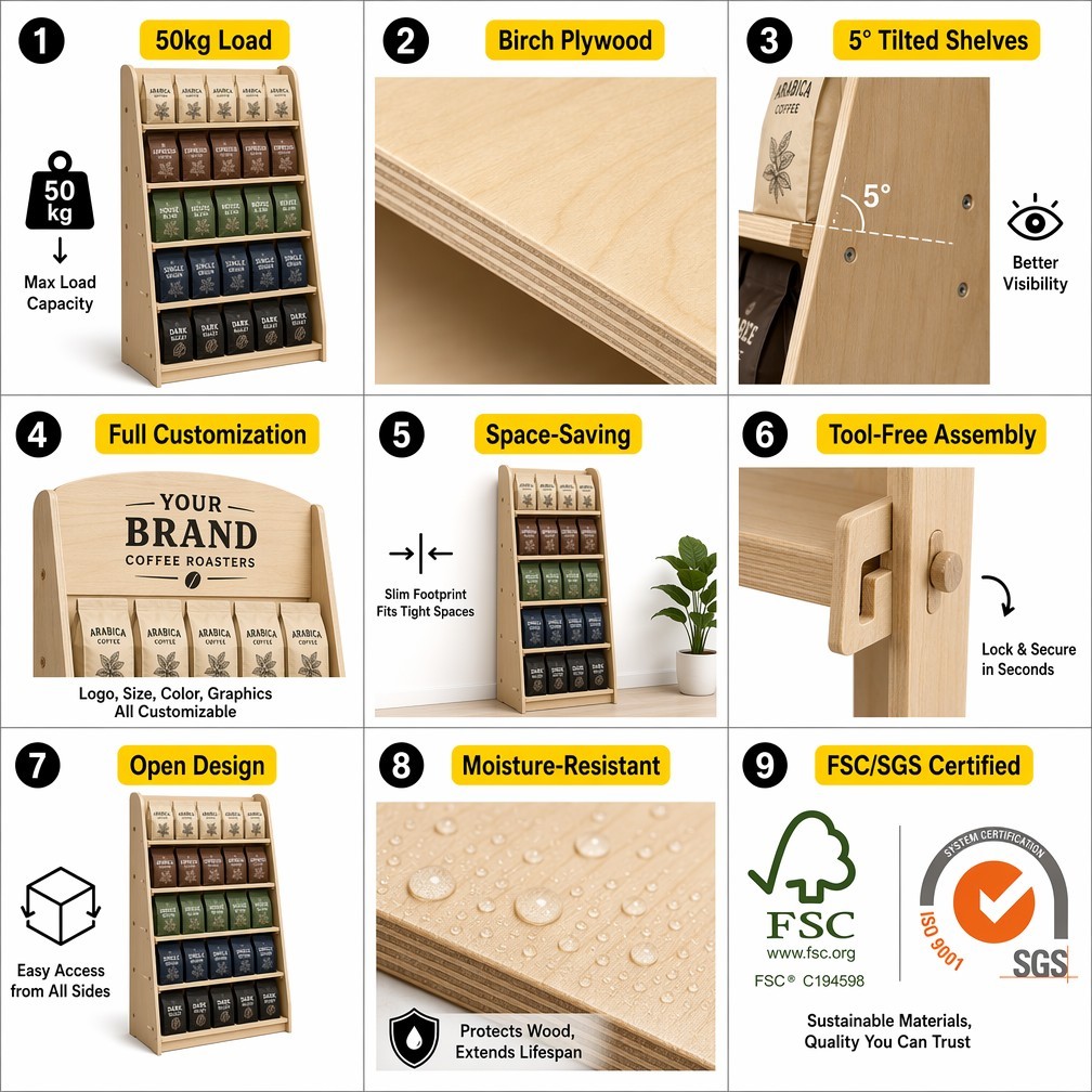 5-Tier Wooden Floor Display Rack Custom Branding Tilted Shelves for Coffee Shop Bakery Retail Merchandising — view 5
