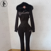 Ensemble de survêtement 2 pièces pour femme, de haute qualité, style dupe de marque, avec veste à fermeture éclair et col en fourrure personnalisé et pantalon de survêtement, pour l'hiver