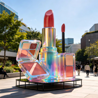 Sculpture géante holographique en résine de fibre de verre en forme de rouge à lèvres, brillant à lèvres et fard à paupières pour la décoration extérieure de places publiques et les événements pop-up beauté