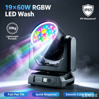 Projecteur LED mobile LEAHUA Outdoor IP65 19x60W RGBW avec anneau LED pour éclairage de scène, DJ, concert, festival, théâtre