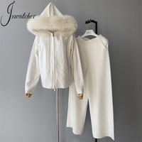 Ensemble Luxe Deux Pièces pour Femme : Cardigan en Fourrure Véritable Col, Pantalon Large en Maille, Personnalisé Hiver Doux Laine Tricoté Pull à Capuche