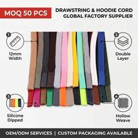Cordón plano premium de 12 mm de doble capa hueco con puntas de silicona suave para sudaderas con capucha, pantalones deportivos y ropa deportiva