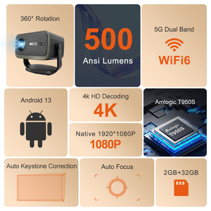 Proiettore LED LCD 1080P Smart Mini Tascabile, Home Theater Android 13, WiFi Dual-band, 2GB RAM, Mirroring 4K, Multimedia <span class=keywords><strong>500</strong></span> - Product Image 2