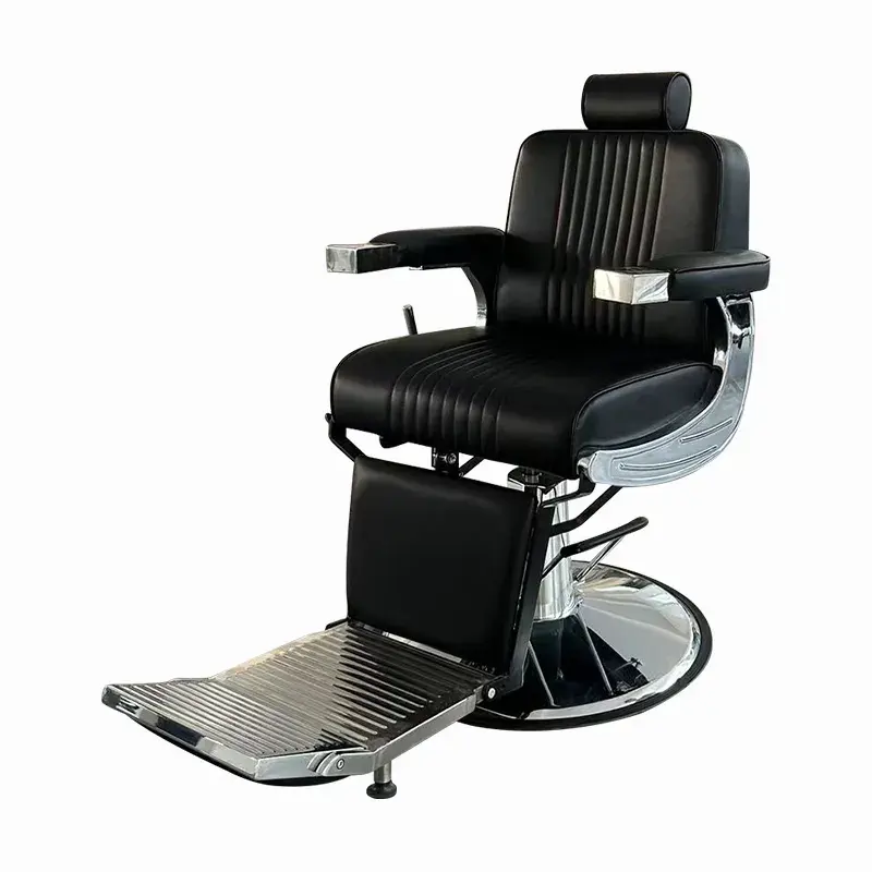 Chaise noire moderne de barbier pour hommes fauteuil de barbier inclinable en cuir artificiel avec appui-tête fauteuils de barbier de salon