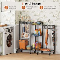 Porte-balais avec organisateur d'articles de nettoyage, armoire de rangement pour balais avec panier de nettoyage, chariot de nettoyage
