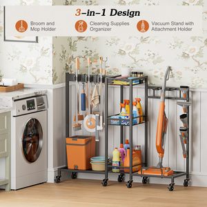 Portascopa con Organizzatore <span class=keywords><strong>per</strong></span> Prodotti <span class=keywords><strong>per</strong></span> la Pulizia, Armadio Portascopa con Cesto Portaoggetti, Carrello <span class=keywords><strong>per</strong></span> Pulizie - Product Image 3