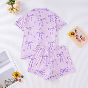 Set <span class=keywords><strong>pigiama</strong></span> Lushwin estivo viola abbigliamento da salotto con fiocco 2 pezzi Set di pantaloncini con stampa <span class=keywords><strong>pigiama</strong></span> Suit - Product Image 6