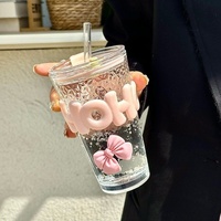 Gobelet à paille en verre style coréen avec nœud papillon, grande valeur esthétique, grande capacité, isolation thermique, texture martelée, pour jus de bureau