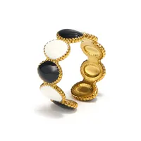 Bague ajustable ouverte en émail noir festonné plaqué or, bijou de doigt élégant et tendance en acier inoxydable pour femme