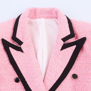 Chaqueta Blazer de Tweed Casual de Manga Larga con Doble Botonadura para Mujer, Color Rosa con Cuello de Solapa - Product Image 3