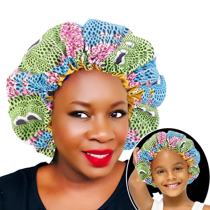 Cheap African Satin Mommy and Baby Bonnet Hat 2pcs Sets Mommy and Me Wholesale Bonnets Hair Accessory