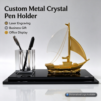 Ensemble de porte-stylos en cristal personnalisé avec ornement de bateau à voile, souvenir d'entreprise haut de gamme, décoration de bureau personnalisée