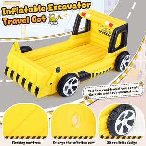 Cama inflable para niños con excavadora amarilla, cama de viaje para niños pequeños con parachoques de seguridad y colchón de aire, colchón de aire portátil con bomba - Product Image 3