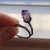 Bague pour femme vintage, minimaliste, avec fleur tridimensionnelle en améthyste naturelle, base en forme de fleur de vigne, ouverture réglable