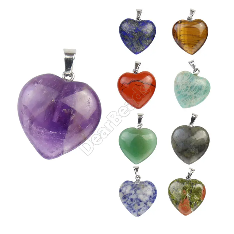 2CM Wholesale Sliver Heart Natural Stone Crystal Amethyst Pendant Quartz Pendants For Necklace Jewelry Making