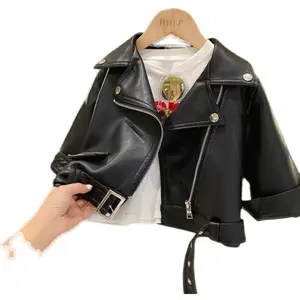 Garçons et filles moto cool style grand revers fermeture éclair veste en cuir 2024 printemps et automne