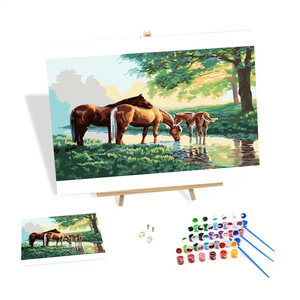 Peinture à l'huile animalière personnalisée faite à la main trois chevaux dans le ruisseau peinture à l'huile moderne nordique décor à la maison Figure murale - Product Image 1