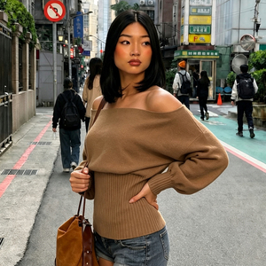 Suéter de Invierno para Mujer, con Hombros Descubiertos, Manga Abullonada, 100% Poliéster, Top Casual de Punto con Cintura Ajustable con Cordón, Corte Ajustado - Product Image 4