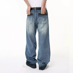 กางเกงยีนส์ทรงตรงหลวมสไตล์อเมริกันย้อนยุคสีน้ำเงินฟอกลายหมึกสำหรับผู้ชาย ฤดูใบไม้ผลิ แฟชั่นข้ามพรมแดน - Product Image 2