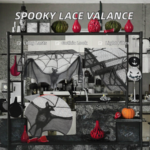 Halloween Gothic Lace Valance Short <b>Curtain</b> Topper <b>for</b> <b>Kitchen</b> Window Black Spooky Decorate Semi-Sheer <b>Curtain</b> ZF Global Export - Product Image 2