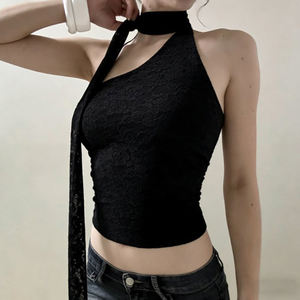 Top asymétrique en dentelle patchwork Sweet Pure Desire, col drapé, couleur unie, design tendance, sexy et élégant - Product Image 2