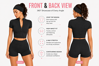 Ensemble de yoga 3 pièces : veste zippée, short taille haute et bandeau assorti |   Tissu extensible léger et respirant