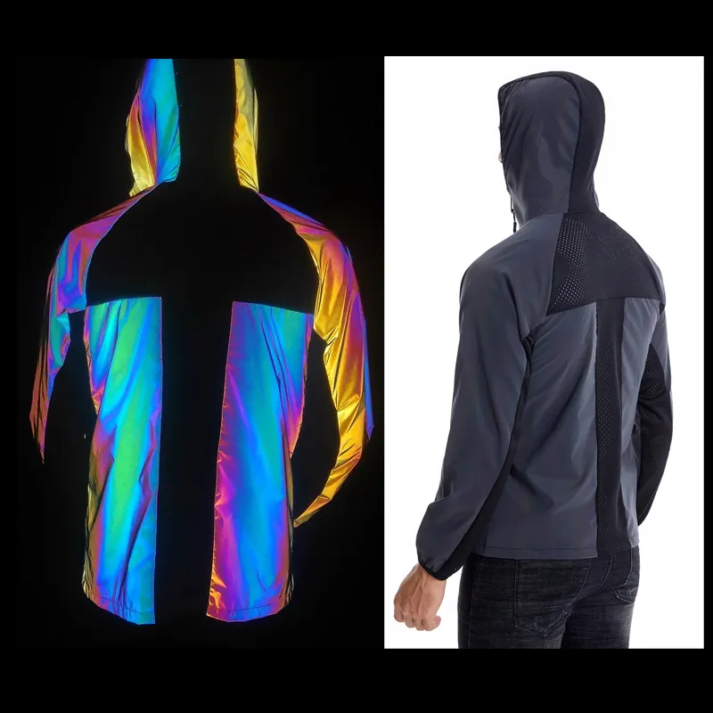 night high vision black yellow rainbow iridescent reflective breathable mesh splicing MTB bike cycling jerseys hoodie jacket