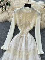 Robe midi élégante à manches longues en tulle à volants pour femme, collection printemps-été, avec dentelle et sequins, taille tricotée