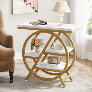 3-Tier Faux Marble <strong>Side</strong> <strong>Table</strong> With Storage, Wood <strong>Narrow</strong> Sofa <strong>Side</strong> <strong>Table</strong> Modern Nightstand and Bedside <strong>Table</strong> for Gold &amp; White - Product Image 1