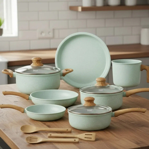 Modern <b>Ceramic</b> Marble Coated Pot <b>Pan</b> Glass Lids Bakelite Handles Non-Stick Aluminum Cookware Set Induction Compatible Dishwasher - Product Image 4