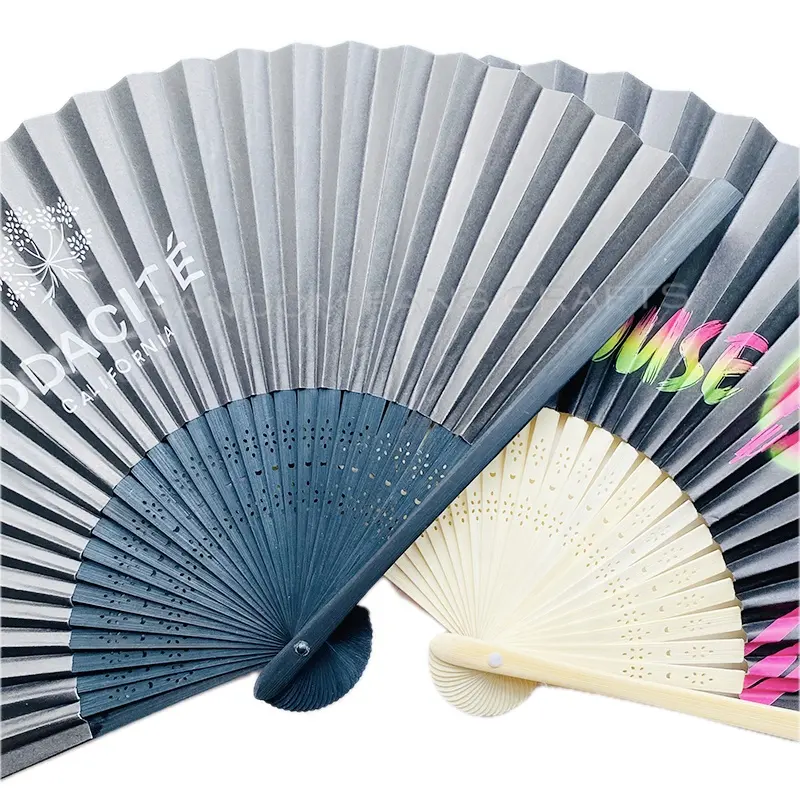 Wholesale Custom Printed Logo Double Side Paper Hand Held Fans Wedding Bamboo Hand Held Fan