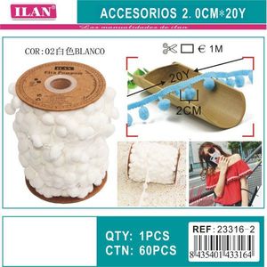 Passamaneria Ilan Pom Pom Larga 2.0 Cm Lunghezza 1 M Bianca Per Decorazione Gonne - Product Image 2