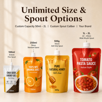Emballage personnalisé en pochette souple avec bec verseur, sachet Doypack autoportant pour liquides alimentaires, avec bouchon verseur pour sauces, condiments, boissons, miel