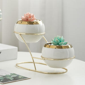 Maceta redonda de cerámica chapada en oro de mesa con logotipo personalizado, maceta de cactus suculenta con soporte doble de hierro - Product Image 4