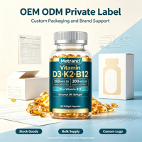 Complément alimentaire Metrand Private Label Vitamine D3 K2 MK7 B12 en gélules à l'huile de coco pour la santé des os, du système immunitaire et du cœur, 60 capsules
