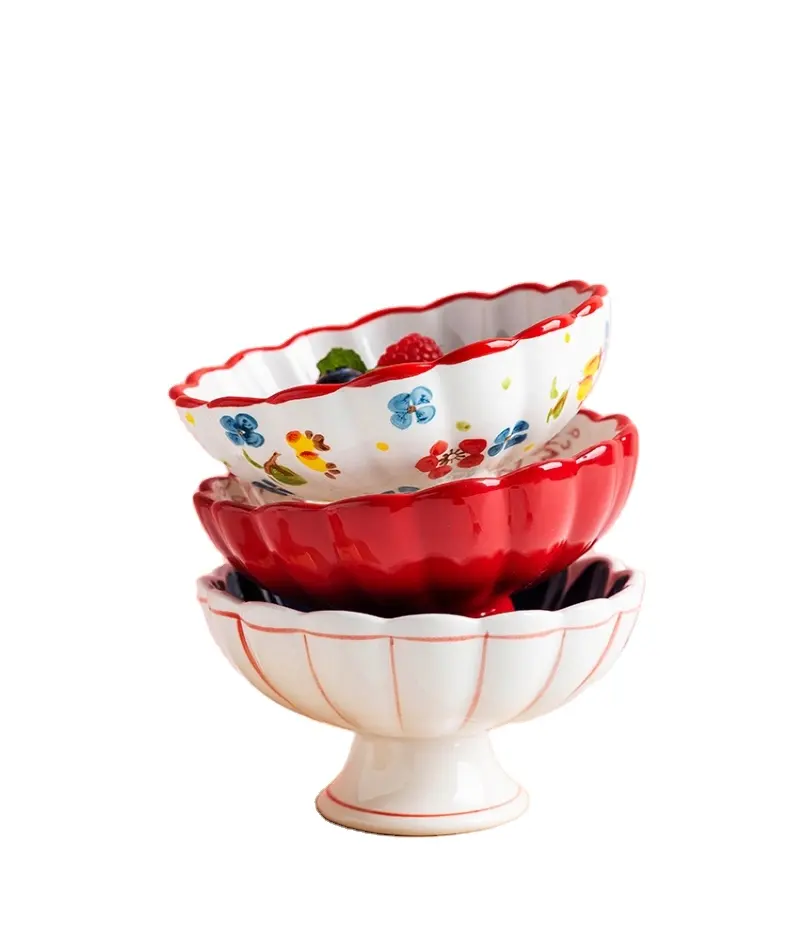 5 Inch Ceramic Footed Dessert Bowl Japanese Style Idyllic Series Suit for Ice Cream Fruit Snack Hand painted Floral Design