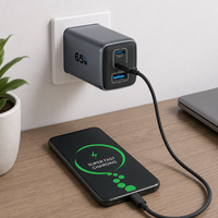 Chargeur de téléphone GaN 65W, charge rapide PD QC3.0, adaptateur mural USB multi-ports 2C1A pour ordinateur portable, tablette, appareils mobiles, prise EU US UK, vente en gros