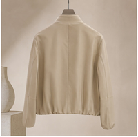 Veste en cuir d'agneau beige pour femme, col montant, fermeture éclair, manteau court, doublure en polyester, vêtements d'extérieur en véritable peau de mouton pour femme