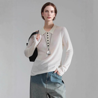 Sweater Rajut Kerah Polo Hitam Minimalis Khusus Wanita Lengan Panjang Kancing Depan Slim Fit Pullover Atasan Polo